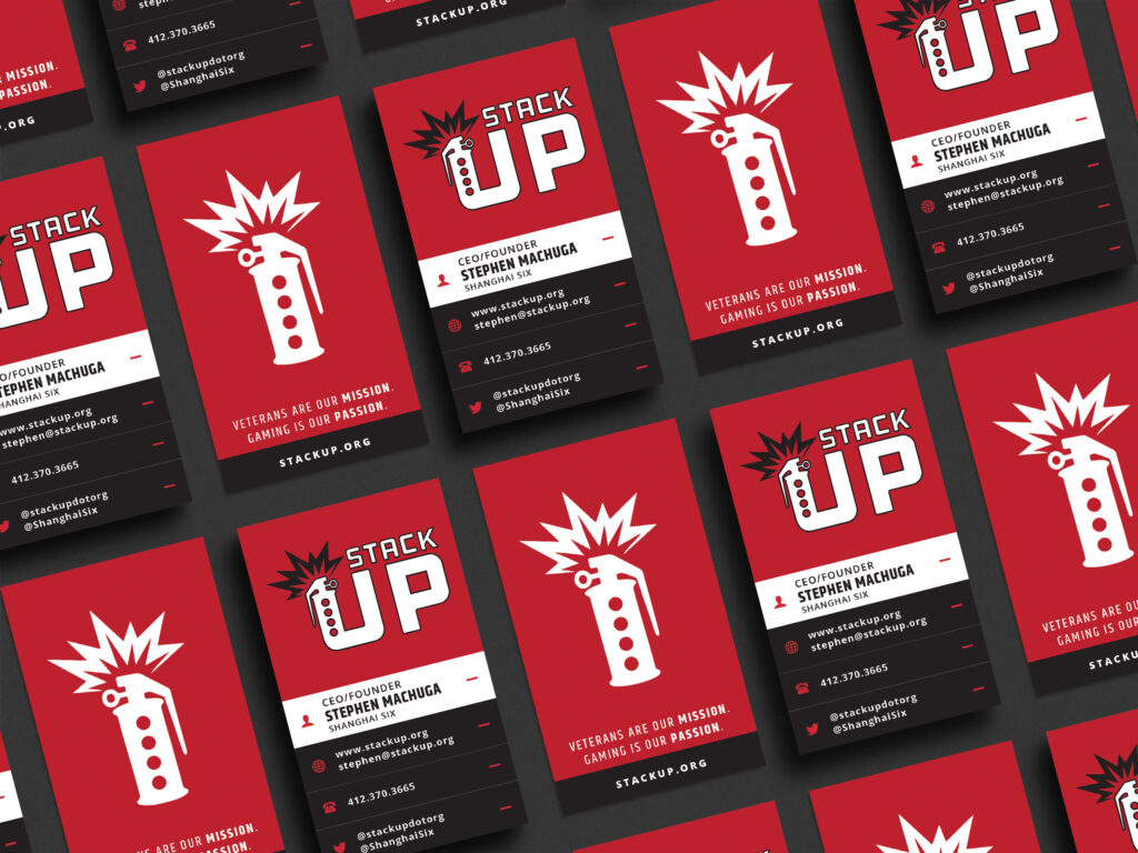Professional business card design for Stack Up featuring the organization's logo on the front and a clean, high-contrast contact layout on the back.