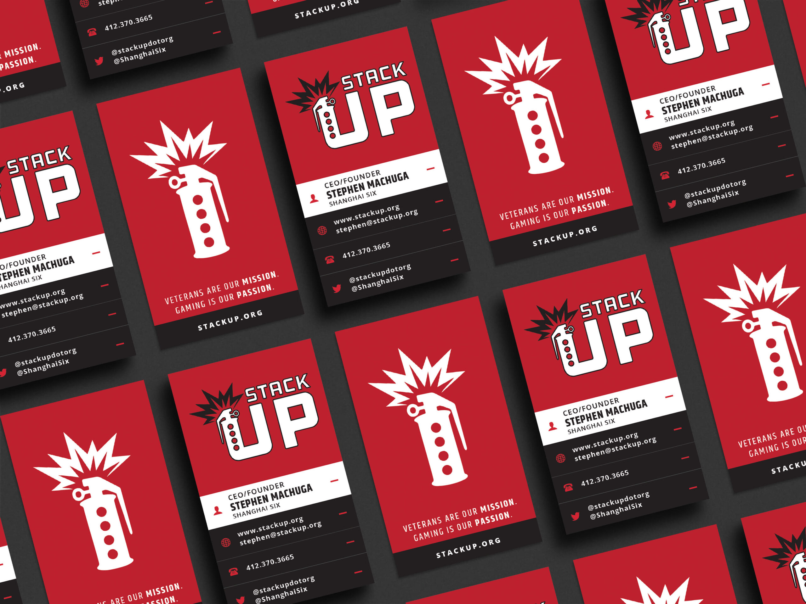 Professional business card design for Stack Up featuring the organization's logo on the front and a clean, high-contrast contact layout on the back.