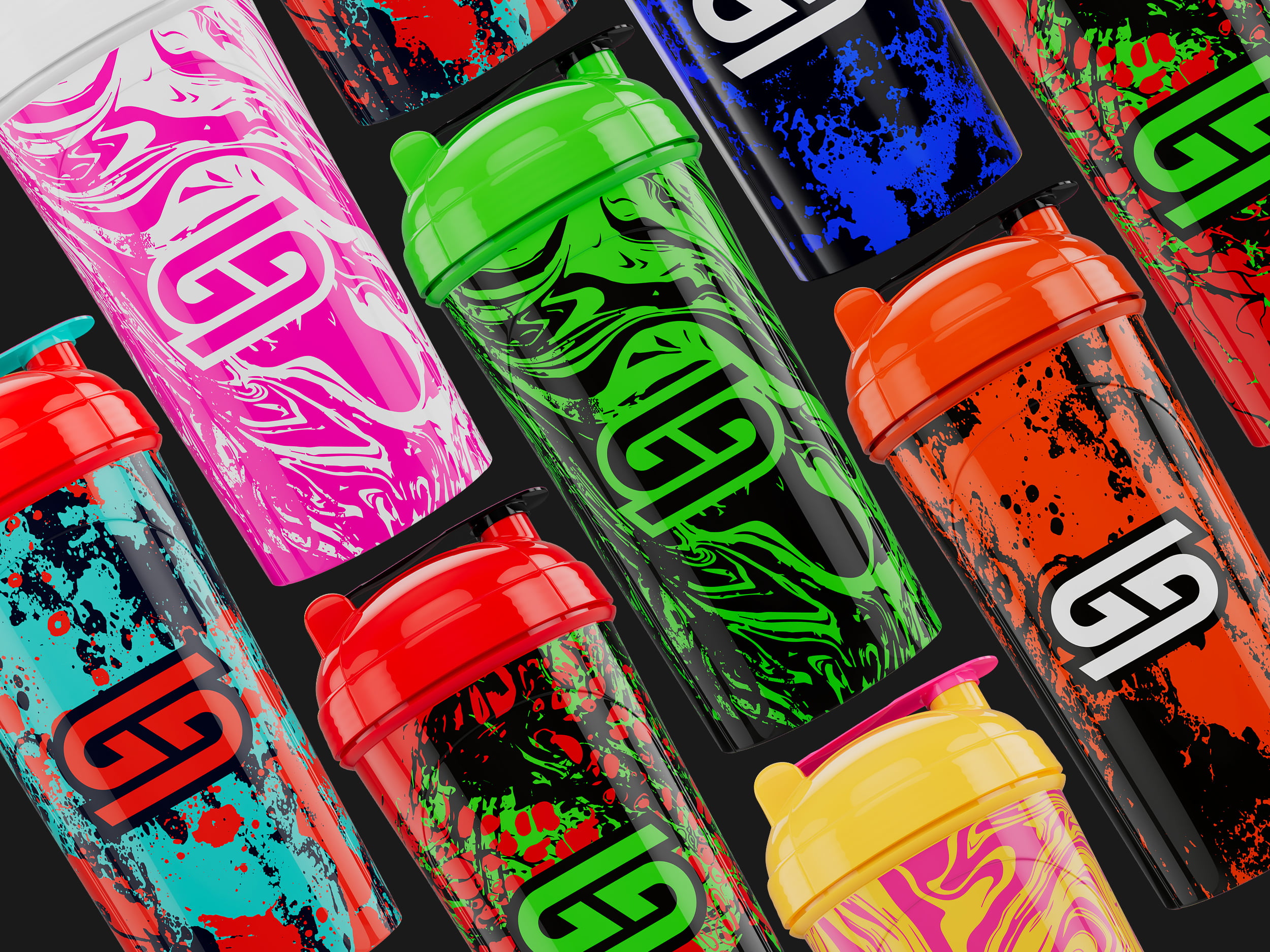 An angled perspective of several all-over print shaker cups, illustrating how the design flows uninterrupted around the entire circumference of each product.