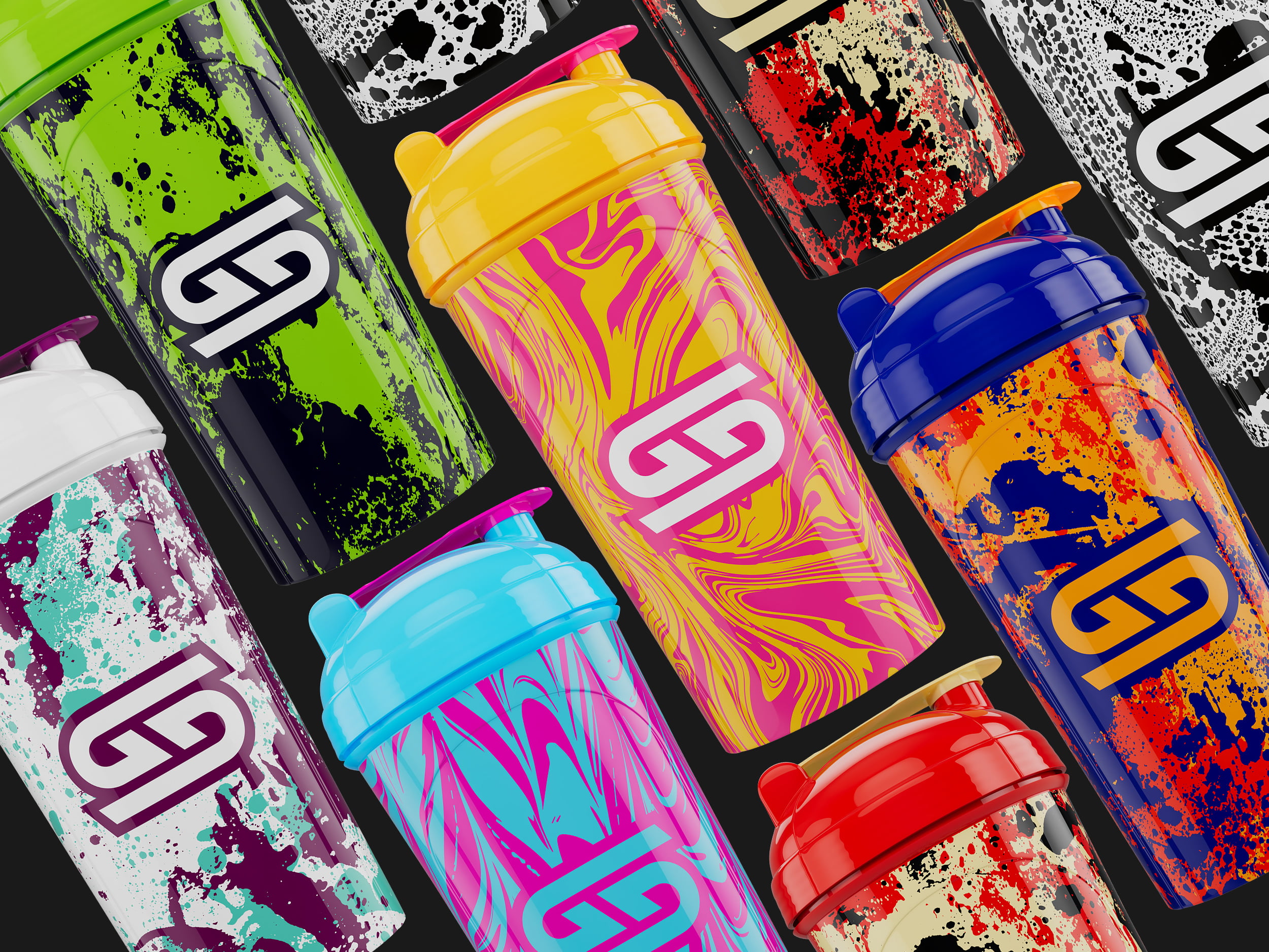 A curated selection of all-over print shaker cups for Gamer Supps, showcasing various pattern style wraps.