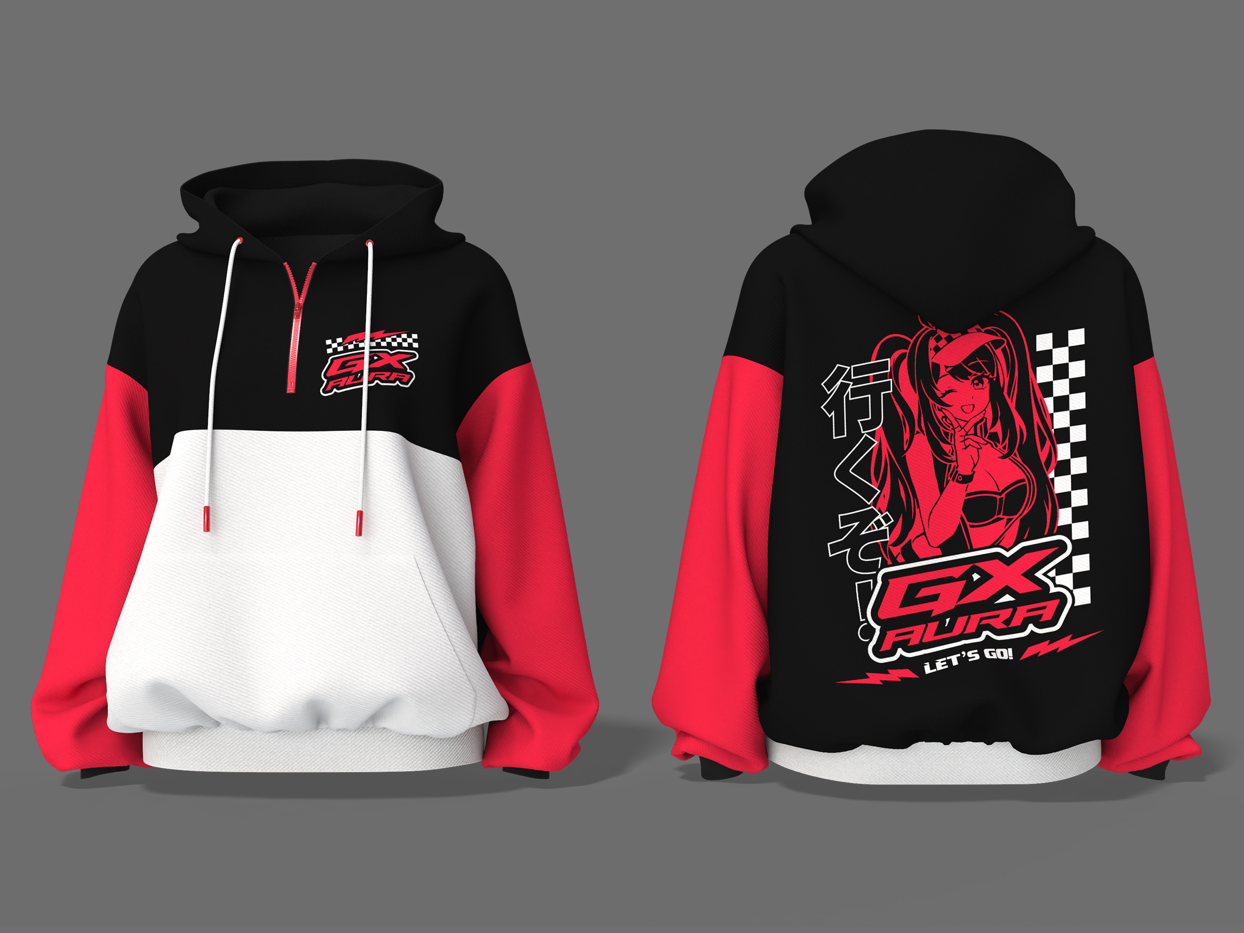Apparel design for the Gamer Supps GX Aura hoodie, featuring large-scale character artwork and premium screen printing.