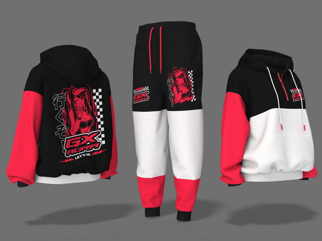 Merch design for Gamer Supps featuring a custom GX Aura hoodie with detailed screen-printed graphics.