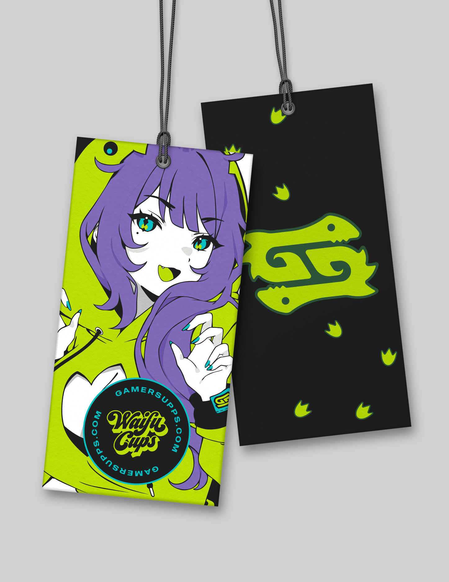 Custom apparel packaging design featuring a high-finish hang tag for Gamer Supps Waifu Cup series featuring the Kaiju Chan character illustration.