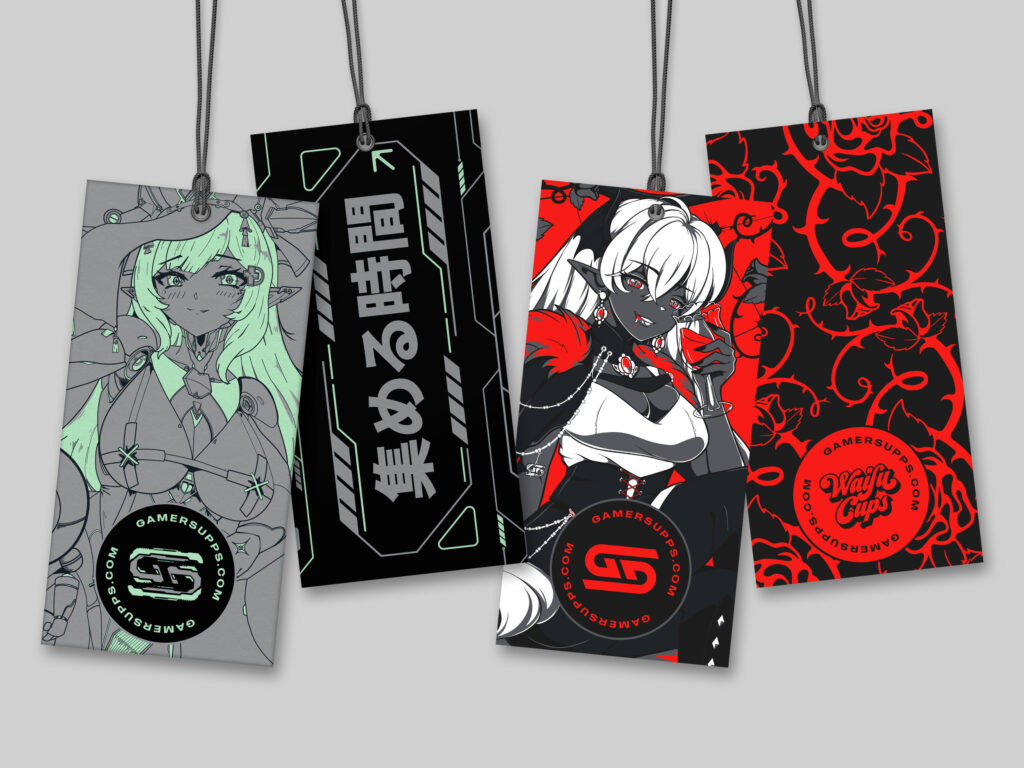 A promotional feature image displaying Gamer Supps hang tag designs for both the Mecha and Bloodlust Waifu Cup characters.
