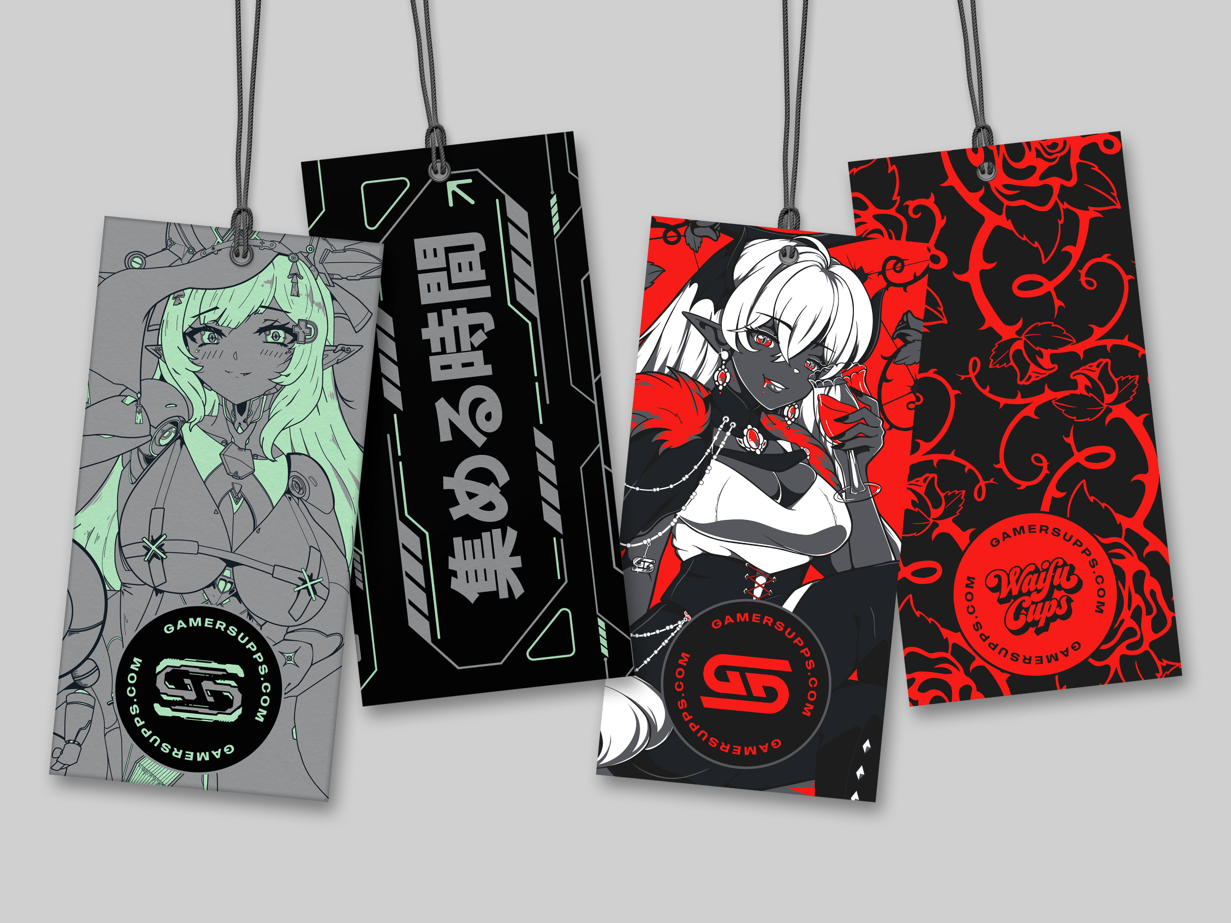 A promotional feature image displaying Gamer Supps hang tag designs for both the Mecha and Bloodlust Waifu Cup characters.