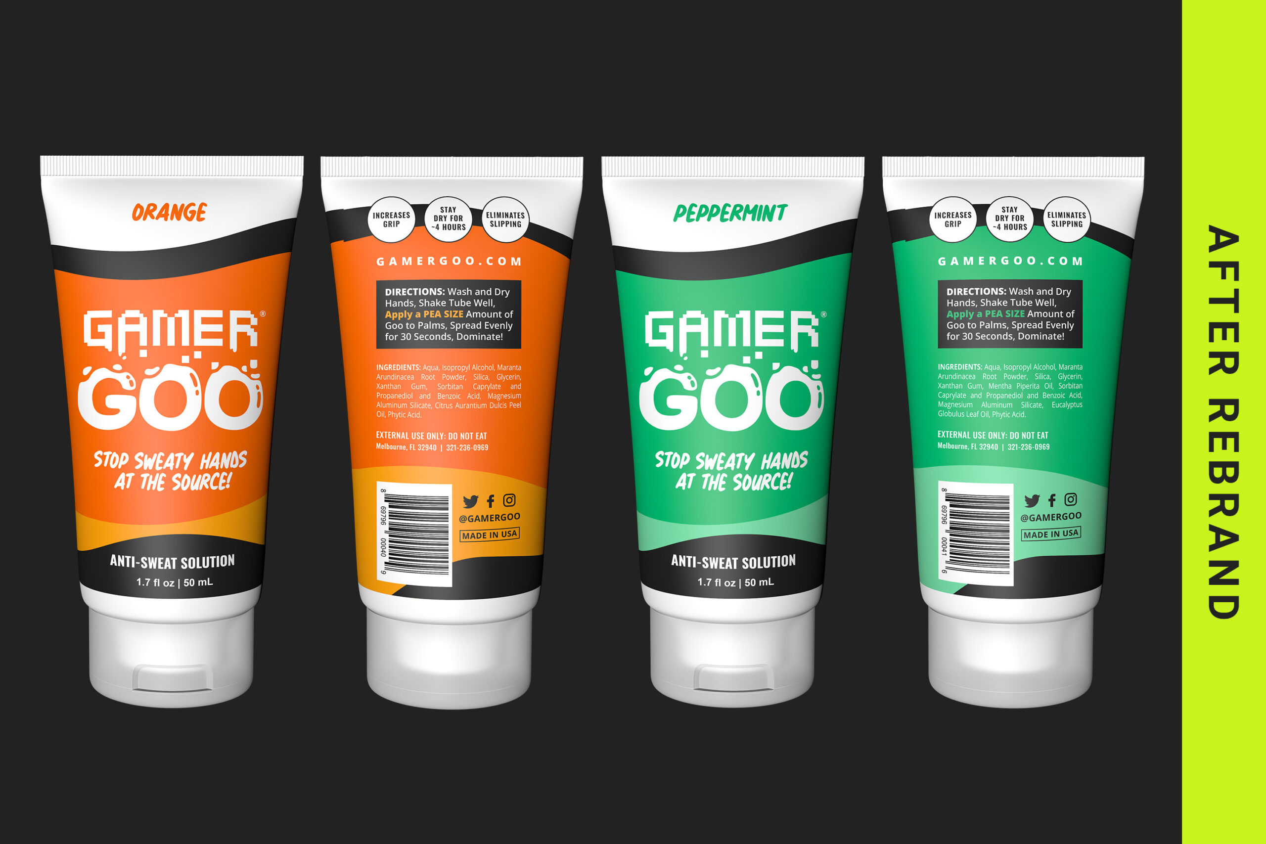 A before-and-after comparison of the Gamer Goo brand refresh, showing the evolution of the packaging and logo system.