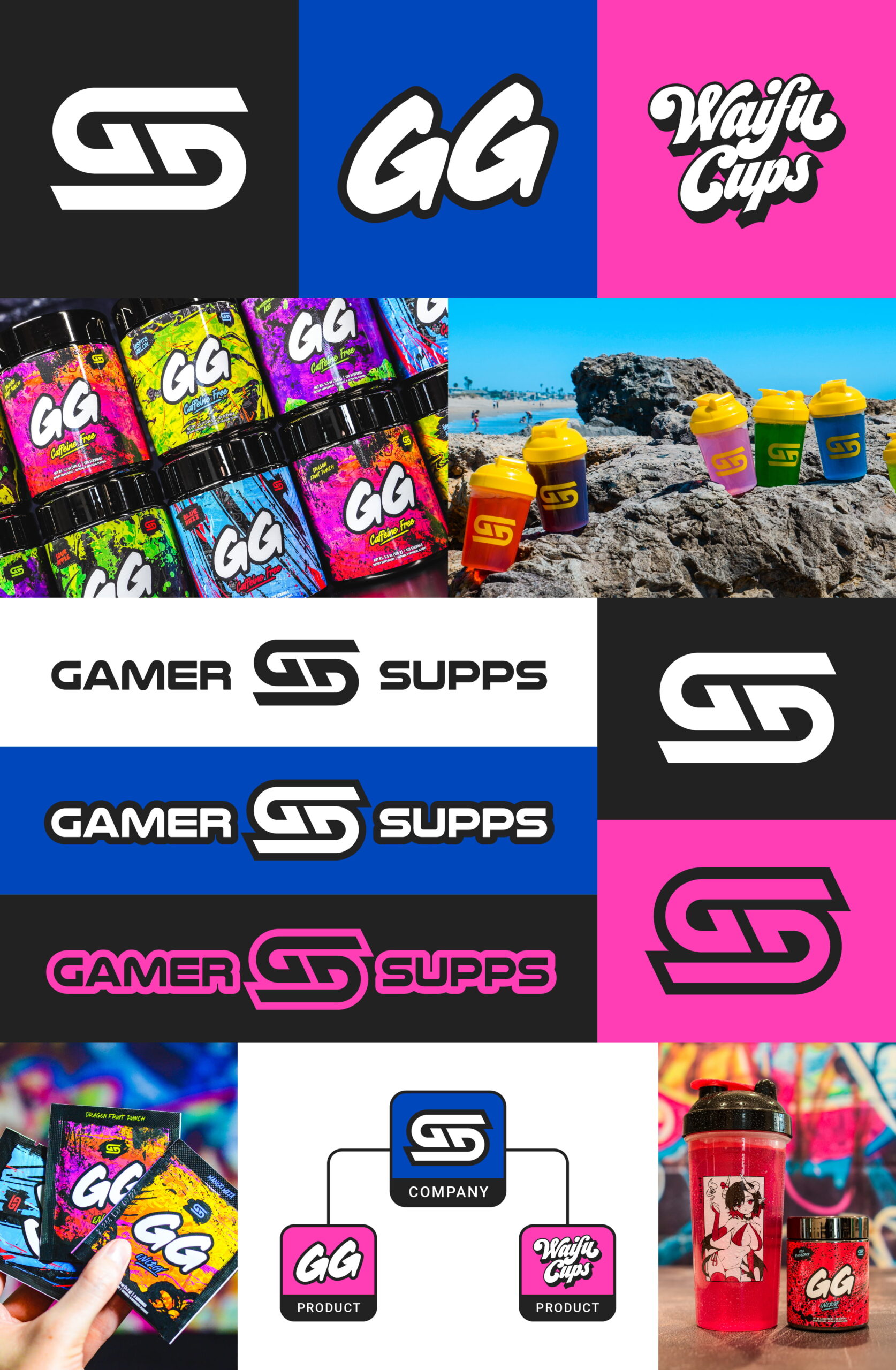 Visual identity overview for Gamer Supps featuring the primary company logo, GG Energy logo, and Waifu Cups logo alongside real-life product photography.