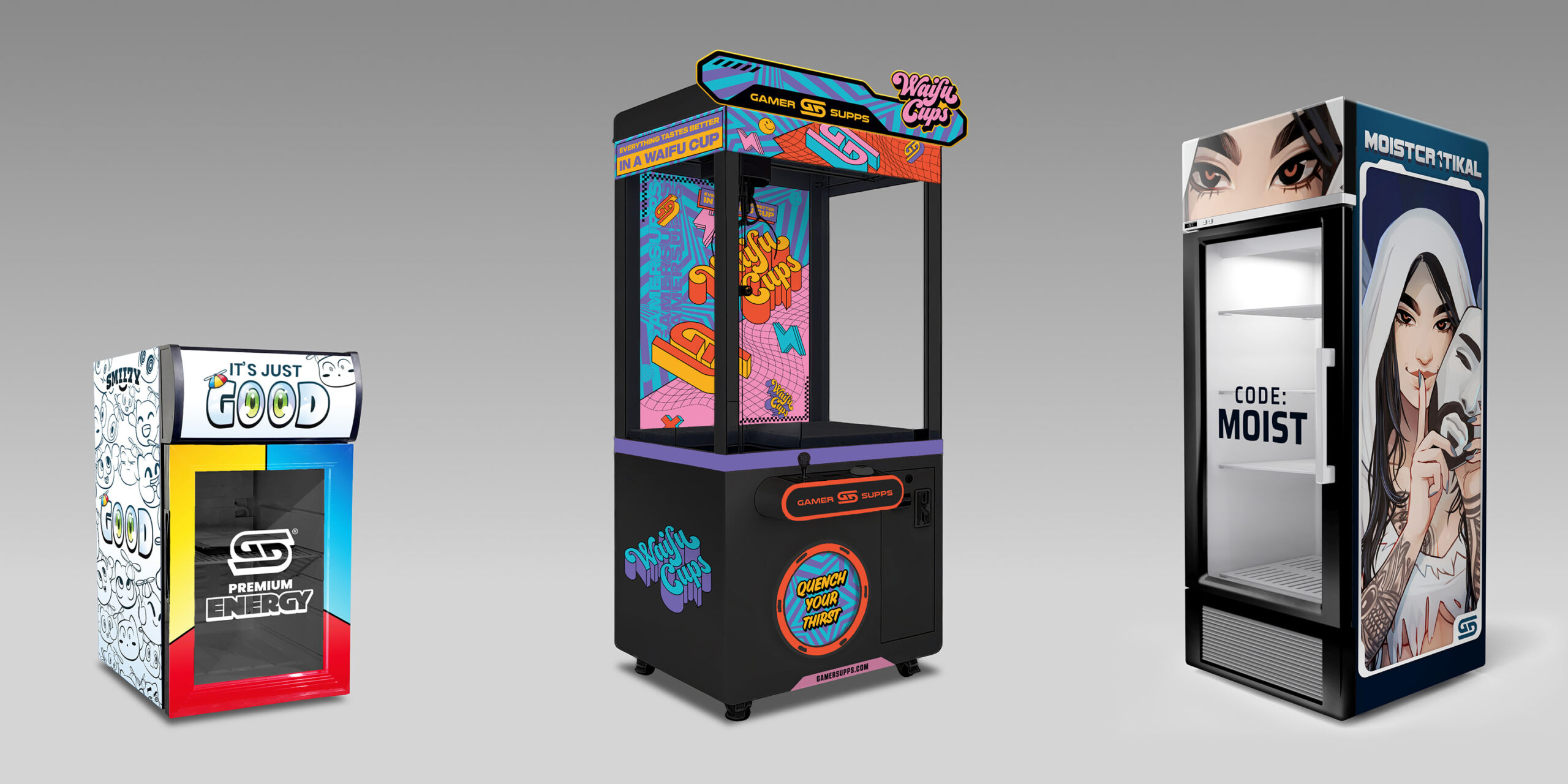 Gamer Supps feature display featuring a branded claw machine alongside custom SMii7Y "Good" and MoistCr1TiKaL "Goof Juice" branded beverage fridges.