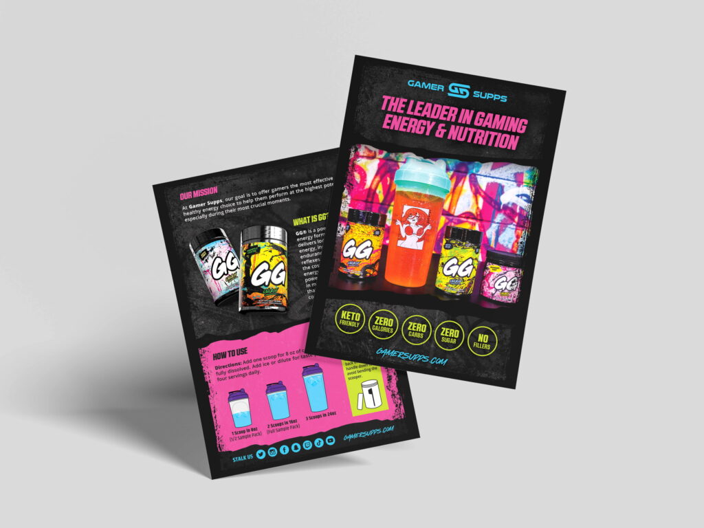 Instructional marketing collateral for Gamer Supps GG Energy featuring step-by-step mixing guides.