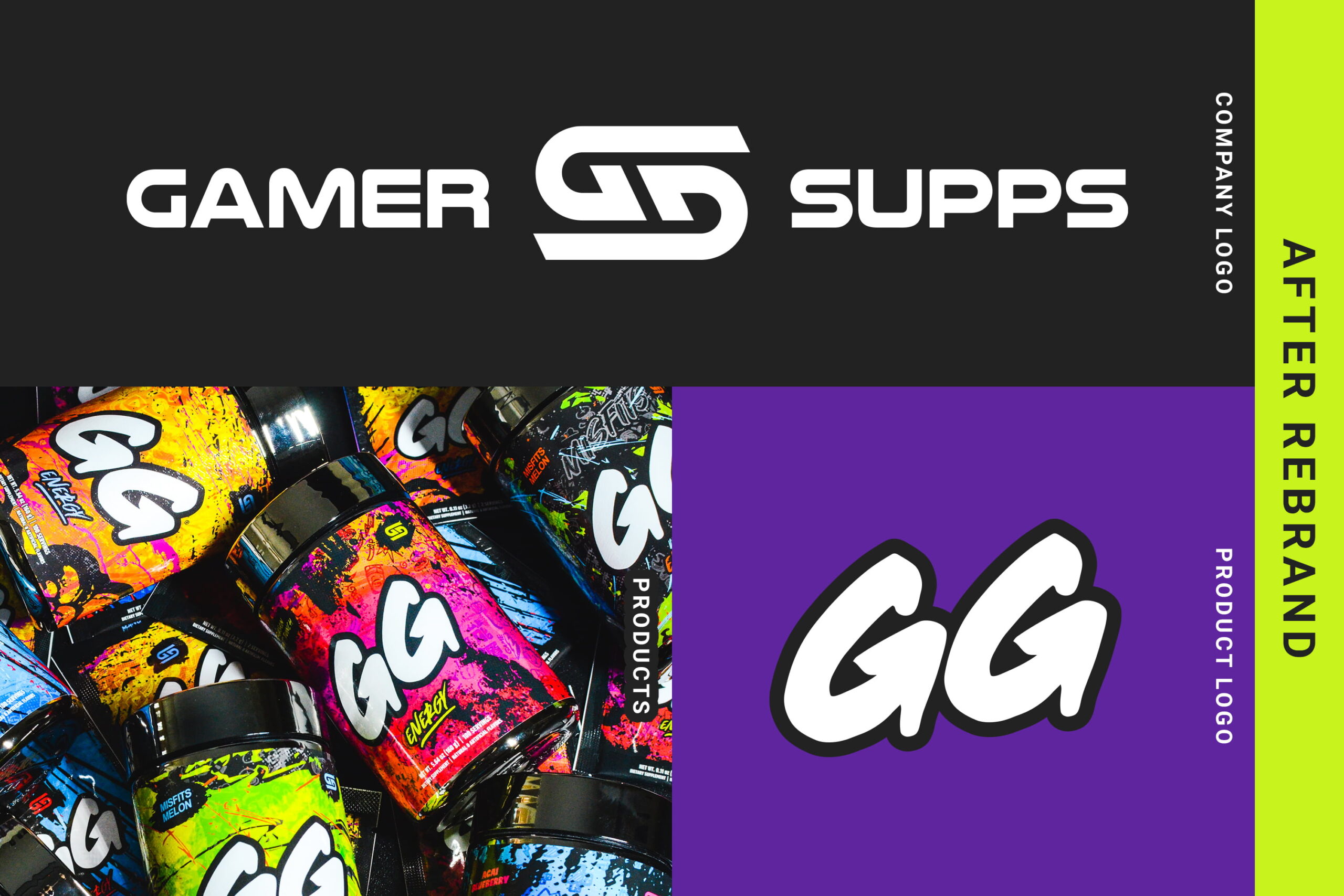 The updated and modernized Gamer Supps re-brand, showcasing the evolution of the logo and visual identity system.