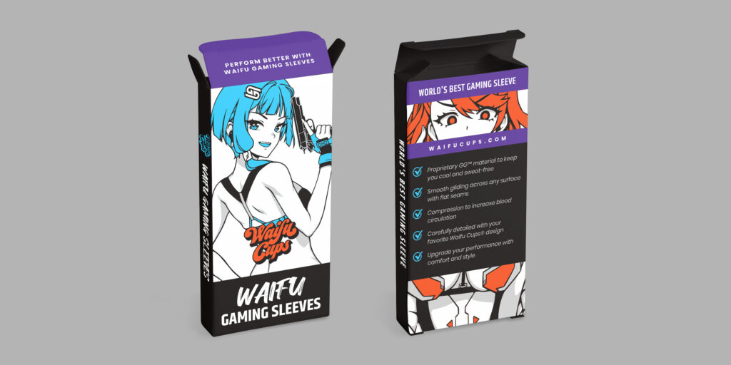 Retail packaging design for Gamer Supps Waifu gaming sleeves featuring waifu-themed artwork and branded typography