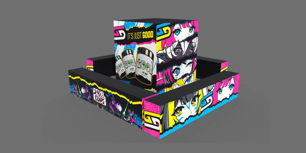 Wide view of the modular Gamer Supps booth at PAX East, featuring custom countertop tables and a central tower display.