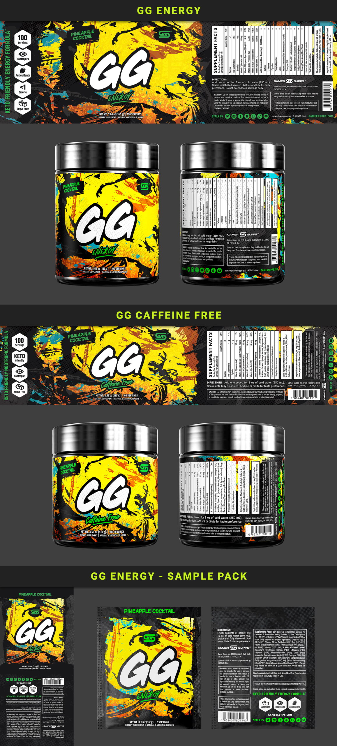 A comprehensive display of the Pineapple Cocktail line showing flat labels and 3D mockups for Energy and Caffeine Free formats.