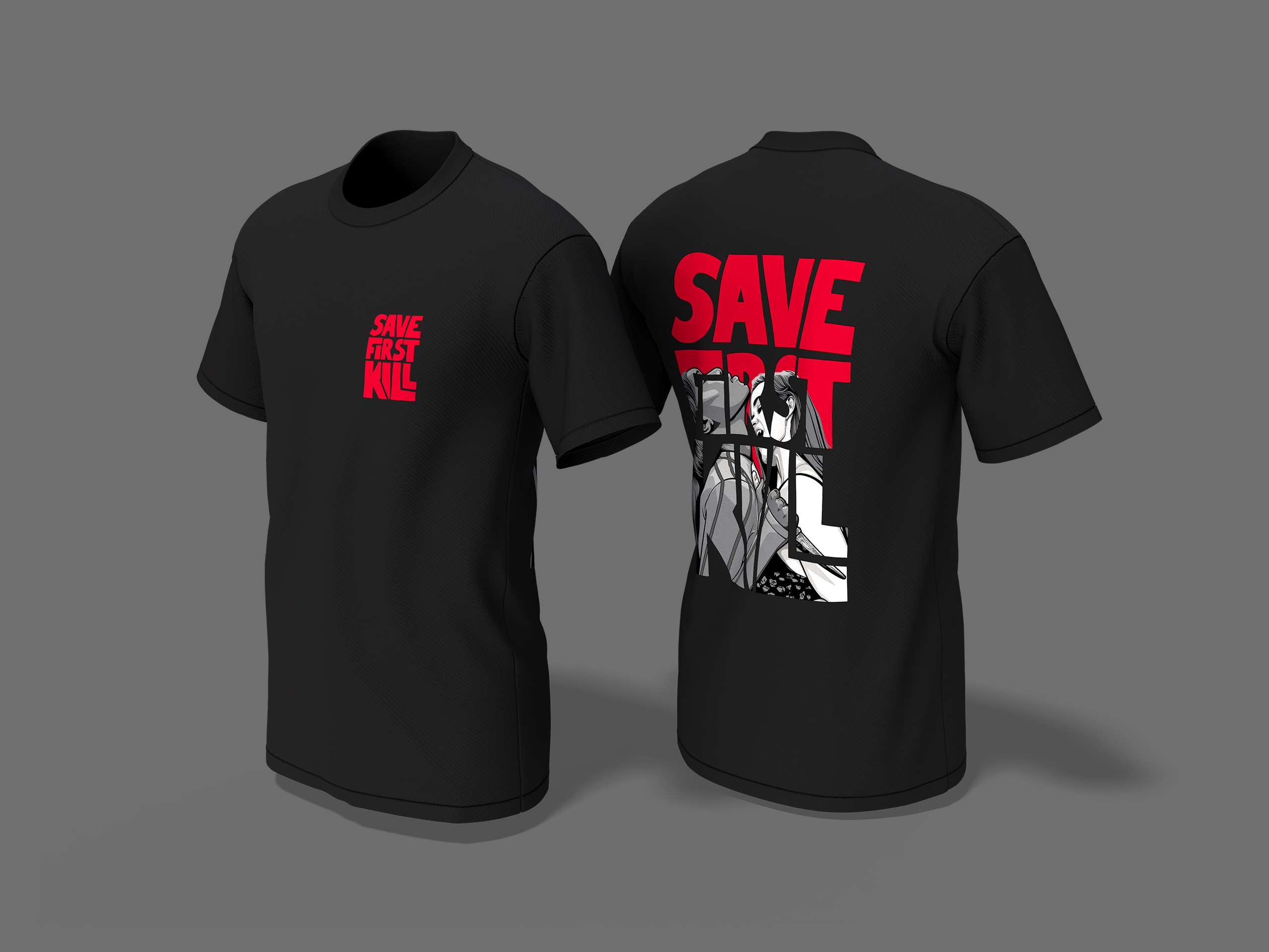 Angled studio shot of the black Save First Kill campaign t-shirt, highlighting the print quality and garment fit.