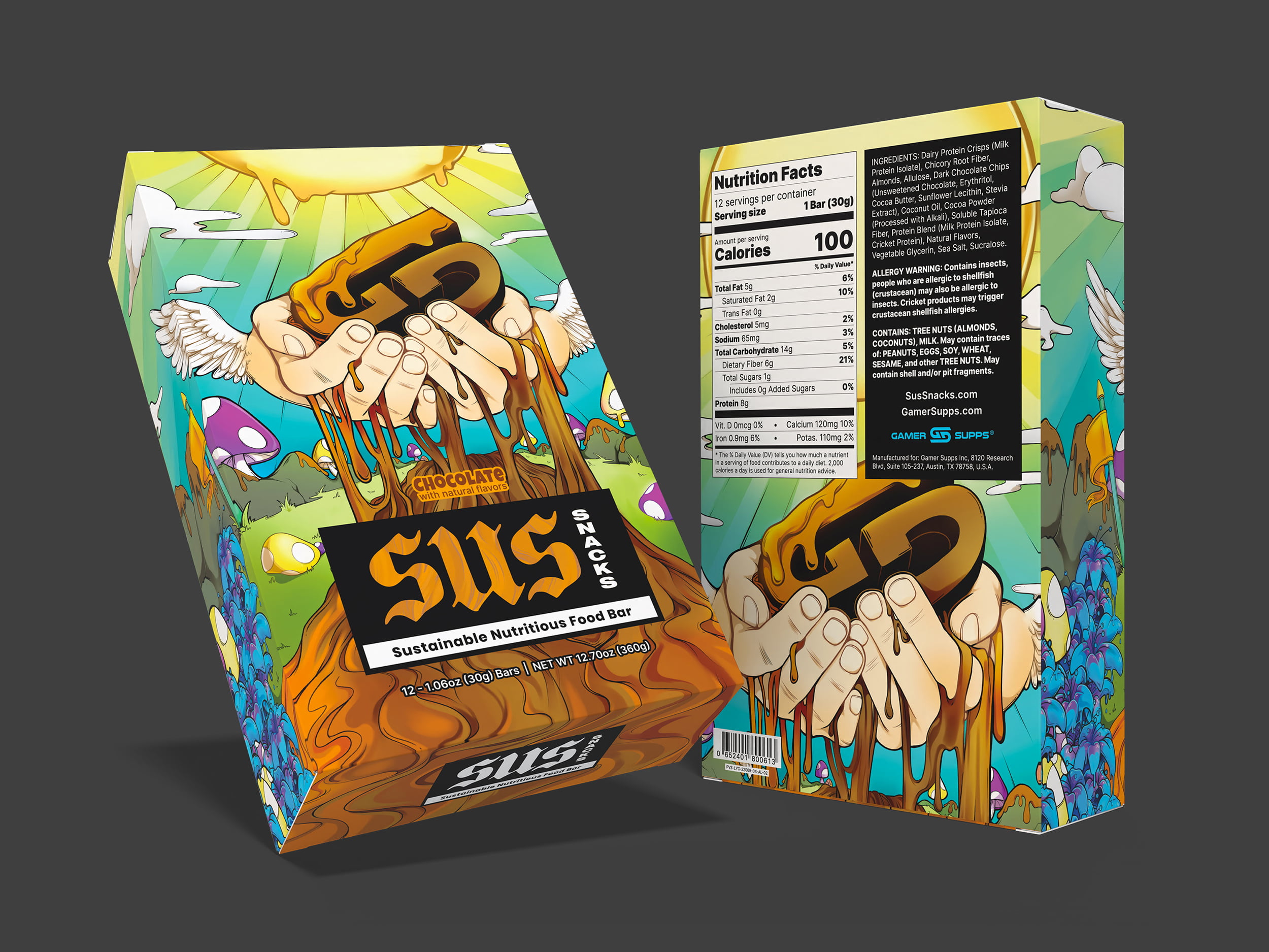 Front and back 3D renders of the Chocolate flavor retail box showing the placement of nutritional facts and branding.