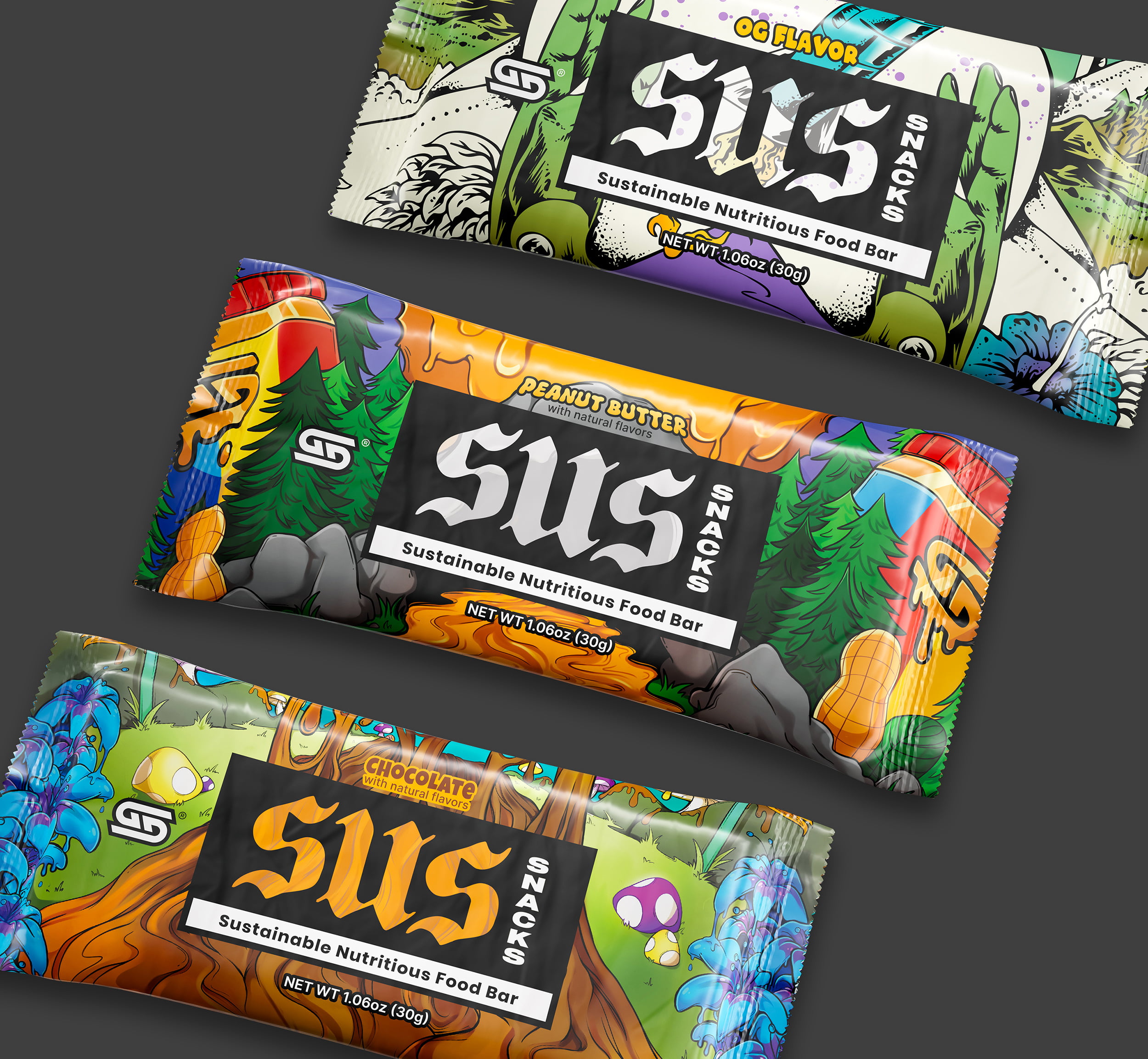 A detailed 3D render of the OG, Peanut Butter, and Chocolate bars highlighting the custom logo and layout consistency.